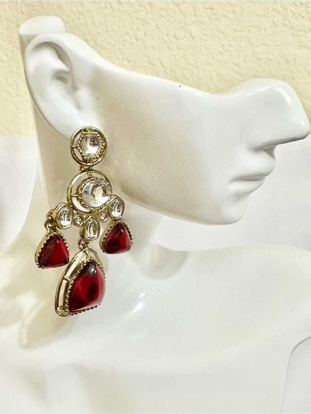 Traditional GP Kundan Polki Drop Earrings with vibrant ruby-red teardrop stones